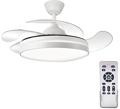 Mobiclinic®, Ventilador de techo, 4 Aspas Retráctiles, 6 Velocidades, Oasis, 3 Modos de Iluminación, Mando a Distancia, Función Verano-Invierno, Temporizador, Silencioso, Luz LED, Motor DC, 32W