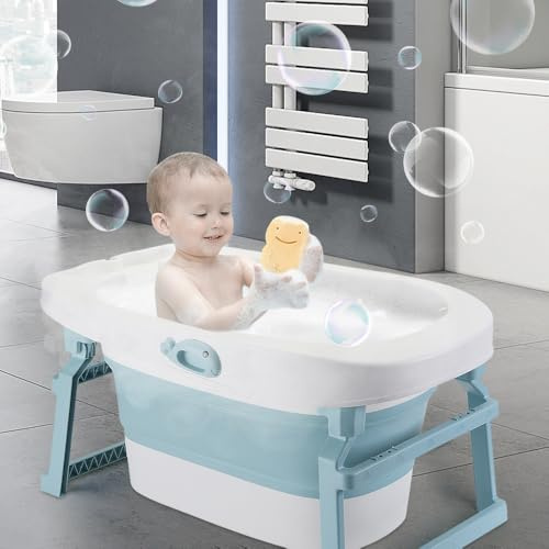 Baignoire Pliable BéBé, 3 en 1 Baignoire Pliable pour Nouveau-Né Avec Tabouret de Douche, avec Bouchon de Vidange et Trou de Douche, 1 à 7 ans (Bleu-3 en 1, 85x55.5x43.7cm)