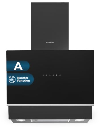 Hyundai Campana Extractora Inclinada 60cm Cristal negro HCPD600AN. Potencia 253m3/h, Tiro Doble, 4 Velocidades, Control Táctil, Filtro apto para Lavavajillas.