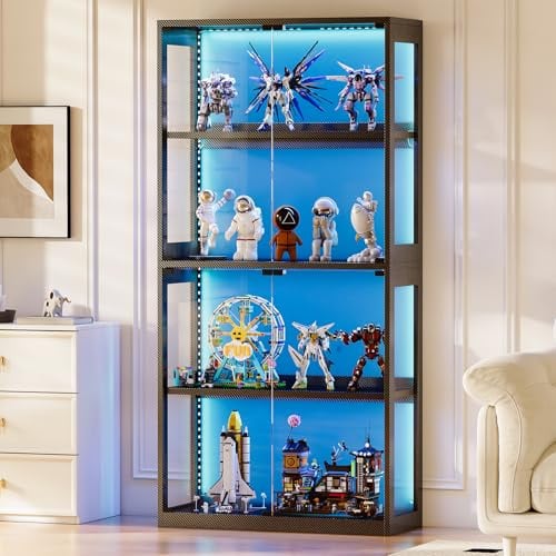 Coleshome Vitrine mit Glastüren, Glasvitrine mit LED Beleuchtung, 4-Lagen Sammlervitrine, Hohe Vitrinenschrank für Wohnzimmer Büro Gaming-Zimmer, Schwarz