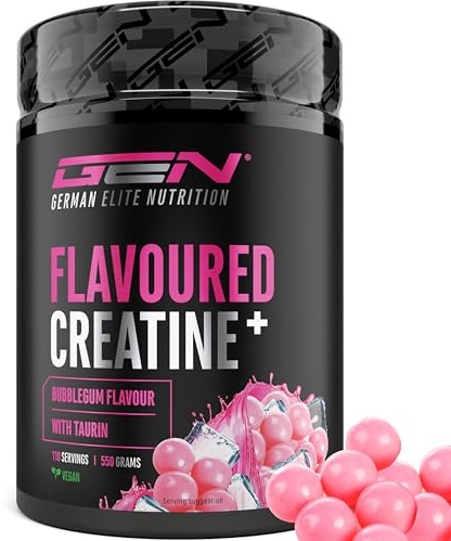 GEN GERMAN ELITE NUTRITION Flavoured Creatine Poudre - 550 g - Bubblegum | Créatine Monohydrate + L-Taurine - Créatine micronisée aromatisée - Sans sucres & excellente solubilité - Vegan