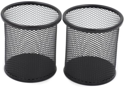 BCOATH 2 pièces Pot à Crayons Rond Maille Métallique Noire Lot de Rangement Bureau et Robuste pour Stylos et Pinceaux Organiseur Pratique pour Bureau et Maison
