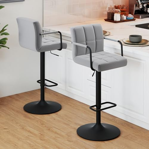 FurniSoar Barhocker 2er-Set, Höhenverstellbarer Barstuhl 360° Drehstuhl Küchenstuhl, Barhocker mit Lehne und Armlehne, Verstellbarer Hydraulische Hocker für Küche und Esszimmer, Samt Grau