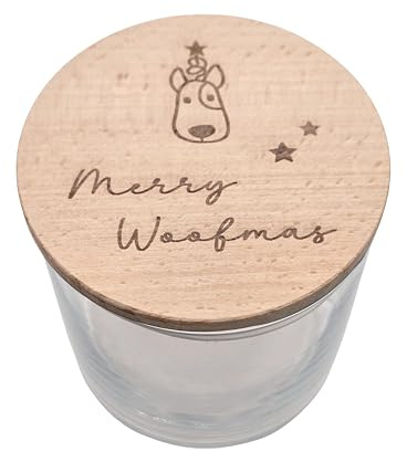 Generisch Leckerlidose Hund Weihnachten „Merry Woofmas“ – Glasdose mit Holzdeckel – Geschenk für Hundebesitzer – Leckerli Aufbewahrung Hund – Geschenk Hund – 530 ml