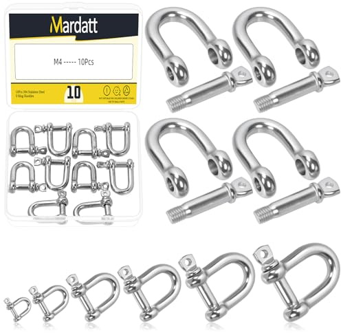 Mardatt 10PCS M4 304 Stainless Steel D Ring Shackles, Silver Screw Pin Anchor Bow Shackle, Marine Grade Clevis Shackle for Heavy Duty Tow Strap Construction or Wire Lifting Outdoor Camping Rope