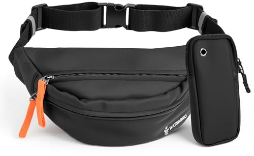 WATSABRO 2 in 1 Bauchtasche und Armtasche Set, Leichtgewicht Gürteltasche Herren, Wasserabweisende Hüfttasche für Sport & Outdoor, Bauchtasche Schwarz,(Verstellbar, Kopfhörerausgang)