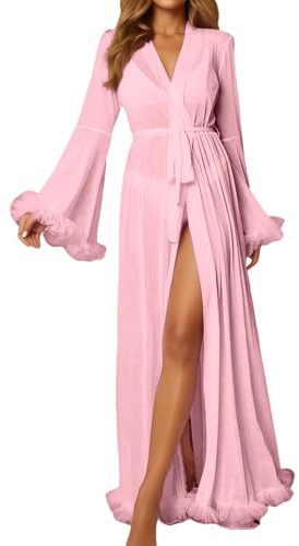 Zanisouta Vestaglia da donna in raso, elegante abito da sposa, con scollo a V, a maniche lunghe, in chiffon, per il tempo libero