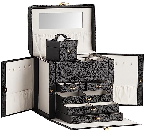BRUBAKER XXL Design Schmuckkoffer in exkl. Lederoptik Schwarz - großer Schmuckkasten abschließbar mit Spiegel für Ketten, Ringe, Ohrringe, Armbänder und Uhren - Schmuckschatulle