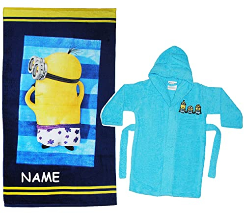 alles-meine.de GmbH 2 TLG. Set Strandtuch & Frottee Bademantel - Minion - Ich einfach unverbesserlich - incl. Name - 7 bis 11 Jahre/Gr. 134-146 - 100% Baumwolle - mit ..