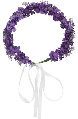 Frcolor Lavender Flower Crown Simulation Floral Headband Wedding Bridal Hair Garland Hair Wreath for Beach Vacation (Dark Purple)