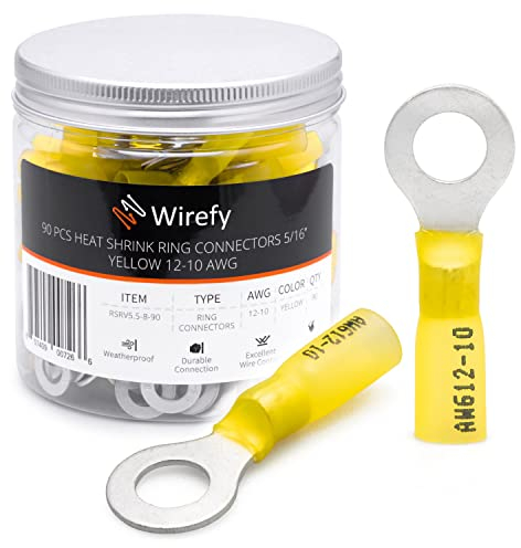 Wirefy Gelbe Ringkabelschuhe Schrumpfverbinder M8 - Lötfreie Kabelschuhe Sortiment - Ringkabelschuh Quetschverbinder 4-6 mm² - 90 Stück