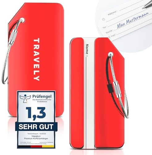 Travely - Premium Kofferanhänger - extra sichere und auffällige Anhänger für Dein Gepäck - inklusive Namensschild - 2er Set - Rot