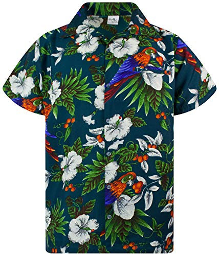 King Kameha Funky Chemise-Hawaienne, Manche-Courte, Cherry-Parrot, Vert-Pétrole, XXL