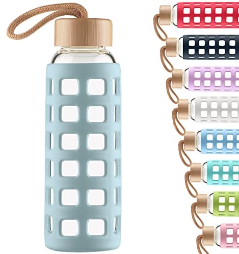 Cleesmil Sport Trinkflasche Glas Wasserflasche mit Silikonhülle mit Bambus Deckel 1000 ml (Hellblau)
