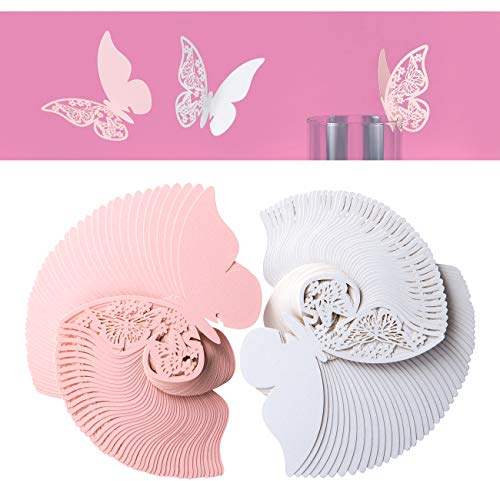 Kesote 100 Pezzi di 3D Segnaposti di Farfalla Segnabicchiere di Festa Nuziale Decorazione di di Matrimonio, Festa di Compleanno, 50 Bianchi + 50 Rosa, 11 x 17CM