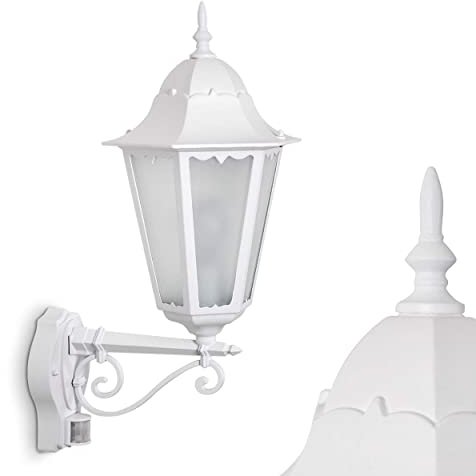 Applique murale d'extérieur Hongkong Frost en aluminium blanc et verres dépolis, avec détecteur de mouvements, E27, lampe retro vintage idéale pour une entrée, IP44, ampoule(s) non incluse(s)