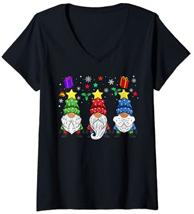 Damen Weihnachten Gartenzwerg Weihnachts Wichtel oder Gnom T-Shirt mit V-Ausschnitt