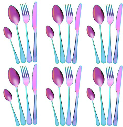 Cutlery Flatware Set,24 Piece Silverware Set with Gift Box Stainless Steel Tableware Dinnerware Sets Knife Fork Spoon, Service for 6 Multipurpose Use Safe for Home Kitchen Party-Colorful