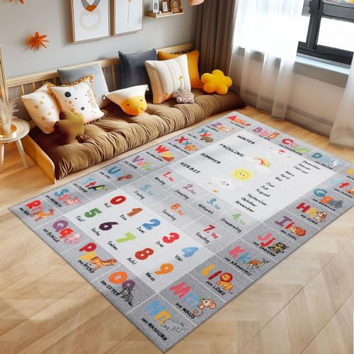 KinderTeppich, Alphabet - Buchstaben - Zahlen - Tiere, Teppich Grau, 140 x 200 cm, Teppich für Kinder, Teppich Kinderzimmer