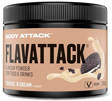 Body Attack Flavattack Cookies N Cream 250 g | Flavour Pulver für Müsli, Rice Pudding, Haferflocken, Drinks etc. - Geschmackspulver ohne Palmöl, Aspartam, Gluten
