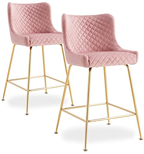 Menzzo Lot de 2 Chaises de Bar Bellamy - Velours Rose et Pieds Métal Doré - Assise Confortable et Style Glamour - Idéal Cuisine, Bar, Îlot ou Coin Lounge – L51 x P49,5 x H91 cm