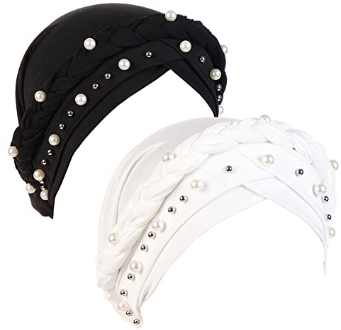 Fxhixiy Damen Hijab Perlen Zopf Turban Hut Kopftuch Krebs Chemo Beanies Bandana Headwrap Cap, Schwarz/Weiß, Einheitsgröße