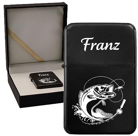 KDO MAGIC - Feuerzeug personalisiert - Eingravierter Vorname - Farbe Schwarz - Geschenkidee für Herren, Geburtstag, Vatertag (Motiv: Fisch)