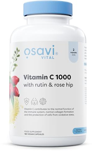 Osavi Vitamin C 1000 with Rutin & Rose Hip – 180 Vegan Capsules | Buffered Calcium Ascorbate | Supports Immunity, Collagen Formation & Iron Absorption | Gentle on the Stomach