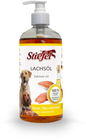 Stiefel Lachsöl für Hunde, 100% naturreines Öl, Zur Unterstützung der Abwehrkräfte, der Vitalität und des Wohlbefindens, für Fell, Haut & Herz-Kreislauf, 500ml
