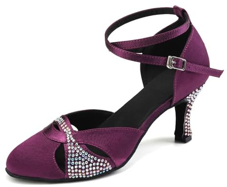 AOQUNFS Scarpe da Ballo Latino Americano Donna Punta Chiusa Strass Professionale Danza Moderna Scarpe da Salsa Tango e Bachata,L157-Viola-7.5,EU39