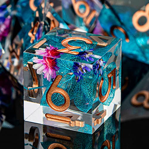 ARUOHHA DND Resin Dice Translucent Sharp Edged Dragons Dice Set, 7pcs Flower Leaf Dungeons Polyhedral Dice RPG Role Playing Game D20 D12 D10 D8 D6 D4