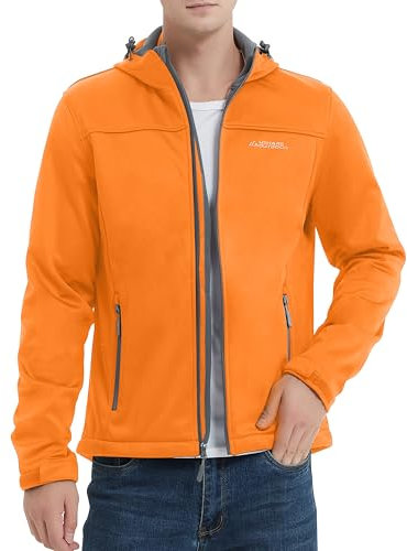 ATLASLAVA Veste softshell pour homme - Veste demi-saison chaude doublée en polaire - Veste d'extérieur - Veste de randonnée coupe-vent avec capuche pour la randonnée, Orange, M