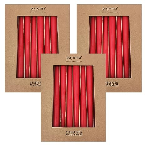 Stabkerzen 30er-Set | Rot | Höhe 25 cm ø 2,2 cm | Brenndauer 7 Stunden - Premium Qualität | einfarbige Spitzenkerzen | pajoma