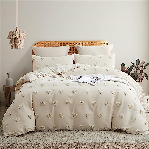 Tospass Housse de Couette Tuftée 220x240cm 2 Personne Adulte Rayée Broderie Beige Parure de Lit Bohème Style Linge de lit Amour Réversible avec Fermeture Éclair avec 2 Taies d'oreiller 65x65 cm