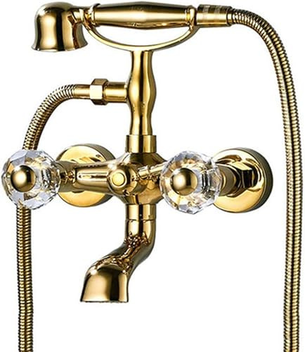 JQFDD Robinet de Baignoire Mural à Cascade avec Douche à Main Rétro Robinets de Douche en Laiton 2 Poignées Forme de Téléphone Mitigeur Baignoire pour Salle de Bain,Gold a