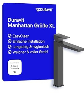 Duravit Manhattan wassersparende Waschtischarmatur, Größe XL (Auslauf Höhe 235 mm), Wasserhahn Bad, Armatur Waschbecken, Schwarz Matt