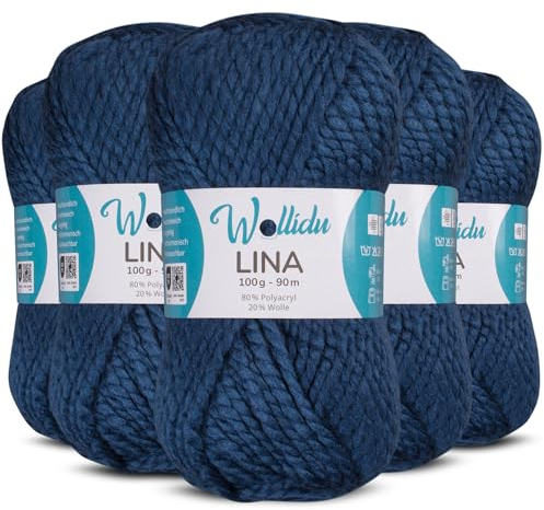 Wollidu Lina Wolle zum Stricken und Häkeln 500g 80% Polyacryl 20% Schafwolle Mulesing-frei Oeko-Tex 5x 100g/90m Häkelwolle/Strickwolle - Marineblau