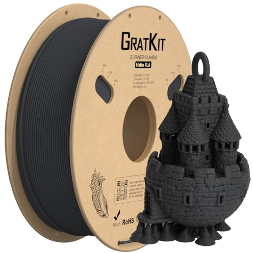 GratKit Matte PLA 3D-Drucker Filament 1.75mm, 1kg Spule, 3D-Druck Material mit +/-0,03mm Präzision, einfach zu drucken, gleichmäßige Wicklung, Matte Oberfläche Schwarz 1000g