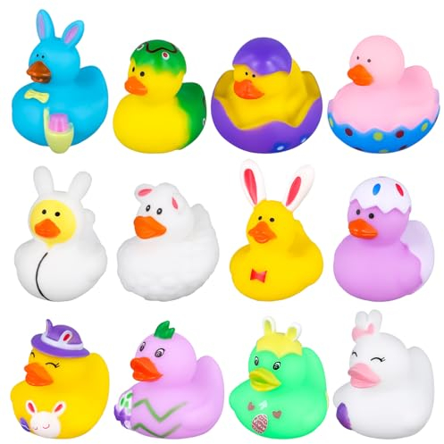lasuroa 12 Stück Oster Gummienten, Neuheit Ostereier Hasen Enten Bunt Gummi Enten für Baden, Verschiedene Quetsche Ente Bade Enten Spielzeug für Kinder Babypartys Sommer-Strandparty-Geschenke