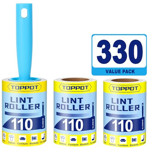 TOPPOT Fusselrolle, 330 Blatt Fusselrollen für Tierhaare Extra Klebrig, Fusselrollen für Kleidung (1 Griffe + 3 Nachfüllungen) Tierhaarentferner Roller, Hunde- & Katzenhaare Fusselentferner, Starke