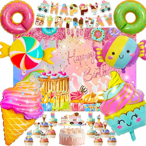 Geburtstagsdeko Mädchen, Groß Süßigkeiten Donut Eiscreme Folienballon Set, Deko Geburtstag Mädchen mit Hintergründen, Kuchendekorationen und Bannern, Krapfen Candy Party Deko (Geburtstag Deko Mädchen)