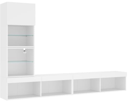 vidaXL Wohnwand 4-TLG., Schrankwand mit viel Stauraum, Anbauwand mit LED-Beleuchtung, Wandmontage Fernsehschrank Wohnzimmer Set Schrank, Weiß Holzwerkstoff