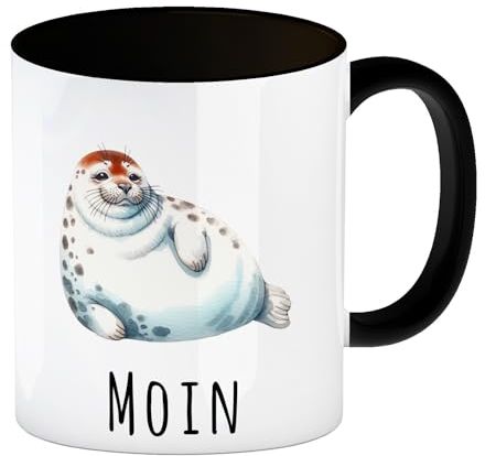 Dicke Robbe Kaffeebecher in schwarz mit Spruch Moin Pummeliges Meerestier Übergewichtig Mollig Rundliche Dickes Säugetier - Lustige Tasse maritim