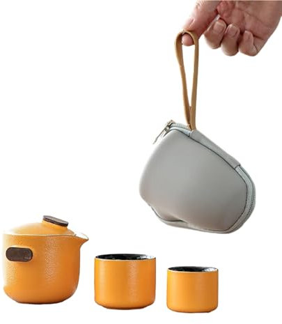 Enterprise Business Travel Tee-Set – eine Kanne, zwei Tassen, Keramik-Teeservice – Gelb