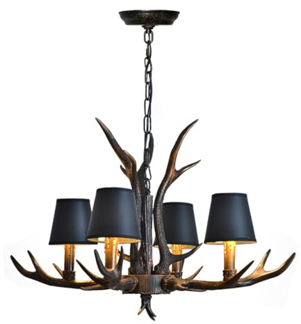 HEYUN Geweih Kronleuchter Vintage Industriestil Hängelampe Pergament Lampenschirm Harzsockel Pendelleuchte Höhenverstellbare Pendellampe Wohnzimmer Café Bar Esszimmer Deckenleuchte (Color : 4 Black)