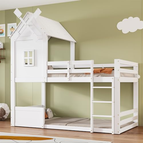 Etagenbett Kinderbett 90x200, Hochbett mit Windmühle & Leiter, Hausbett mit Dach & Fenster, Bettgestell mit Fallschutzgitter & Lattenrost, Platzsparendes Holzbett Jugendbett Bettrahmen, Kiefer, Weiß