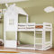 Etagenbett Kinderbett 90x200, Hochbett mit Windmühle & Leiter, Hausbett mit Dach & Fenster, Bettgestell mit Fallschutzgitter & Lattenrost, Platzsparendes Holzbett Jugendbett Bettrahmen, Kiefer, Weiß