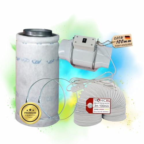 TronicXL Turbo Abluft Set Grow 100mm leise Belüftungsset für Growbox Aktivkohlefilter Lüfter Abluftlüfter Abluftschlauch mit Kabel Schalter kompatibel mit Homebox Spiderfarmer Zelsius Jung etc