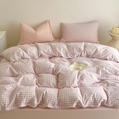Nayoroom Bettwäsche 155x220 Rosa Weiß Kariert Bettbezug Set Gewaschene Microfaser Aesthetic Mädchen Rosa Weiss Karo Deckbettbezug und Kissenbezug 80x80 mit Reißverschluss