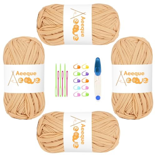 Aeeque 4 x 100g Tshirt Garn, T-shirt Garn zum Häkeln und Stricken, Bändchengarn für Körbe,Dicke Häkelgarn für Häkeltaschen, Teppiche, Mütze, Khaki